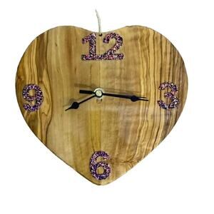Wall Clock Lacquered Heart Shaped Wood 10" X 8" Inch Silent Non Ticking